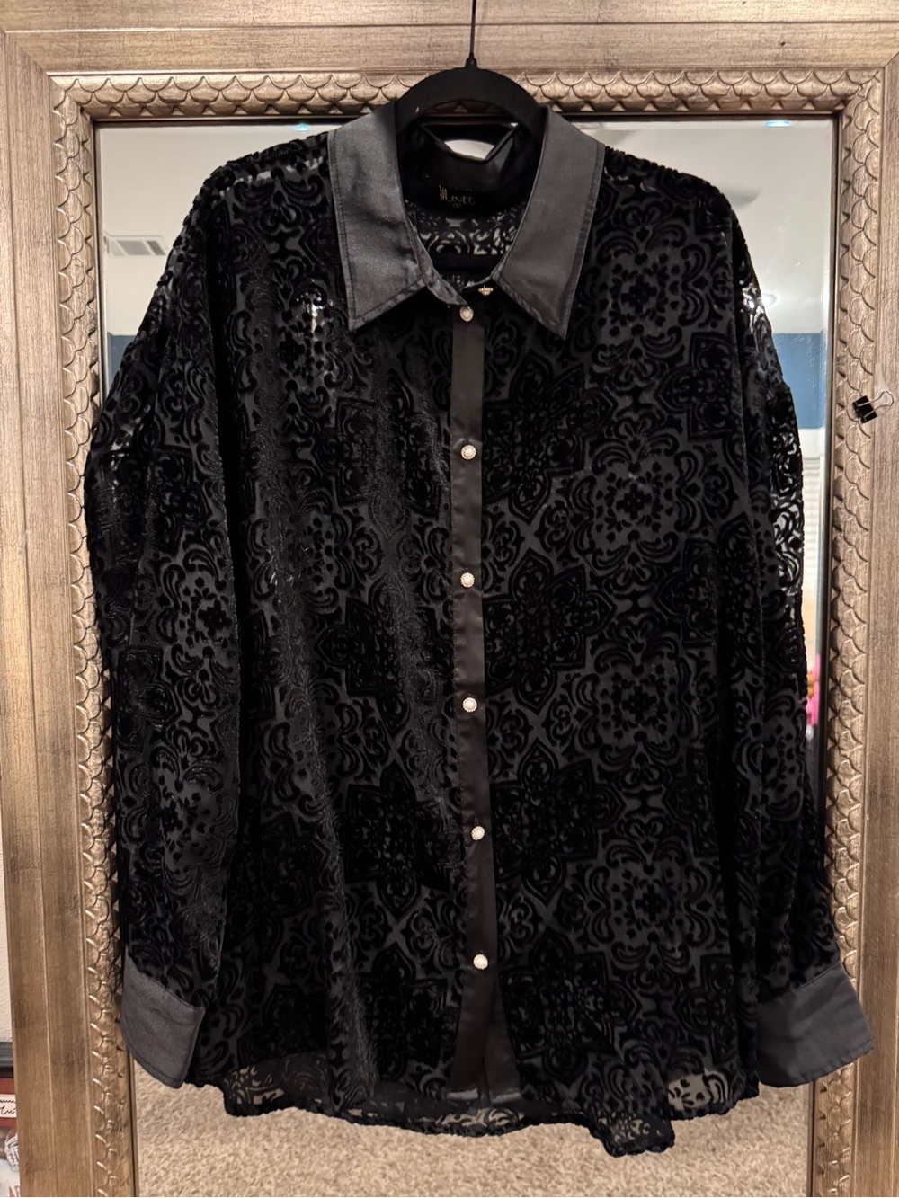 Women's Black Sheer Velvet Burnout Pearl-Button Shirt